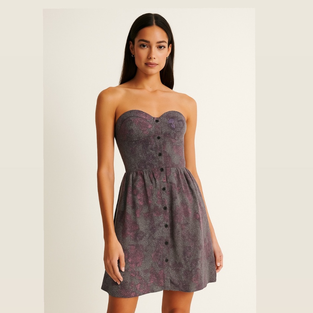 100 Silk Rebecca Taylor Strapless Floral Buttoned Smocked Back Dress Small
